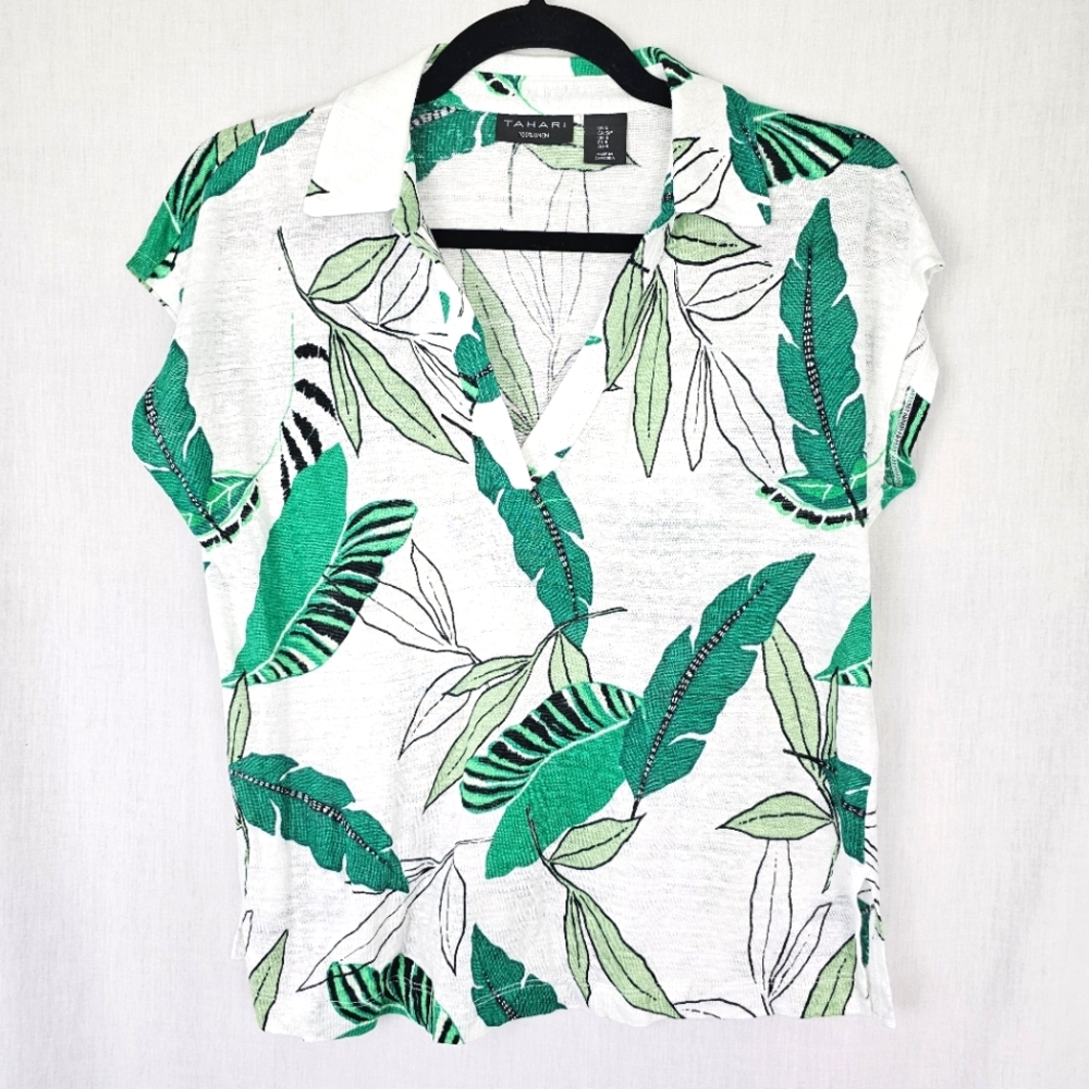 Tahari Linen Top Green Palms Cap Sleeve Women's Size Small